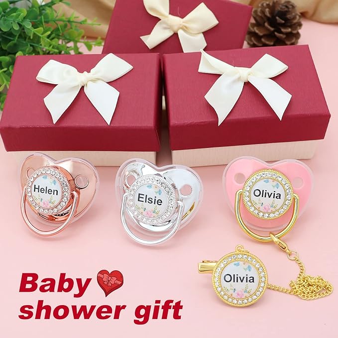 Personalized Pacifier with Name, Bling Gold Pacifier Clip Set Storage Box, Customized Glitter Crystal Luxurious Soother Ideal Gift for Boys Baby Shower Photography Newborn (Pink-Golden)