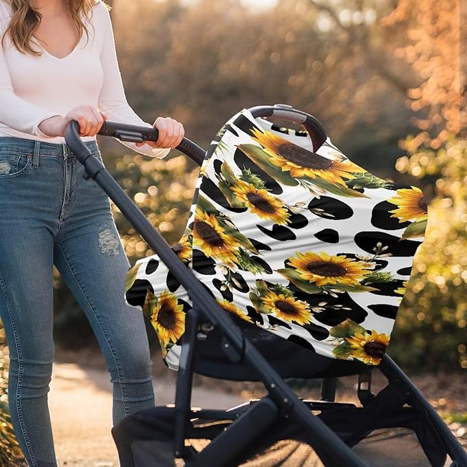 LedBack Sunflowers Cow Print Car Seat Cover for Babies, Soft Breastfeeding Cover Outdoor Breathable Baby Carseat Canopy, Easy to Use