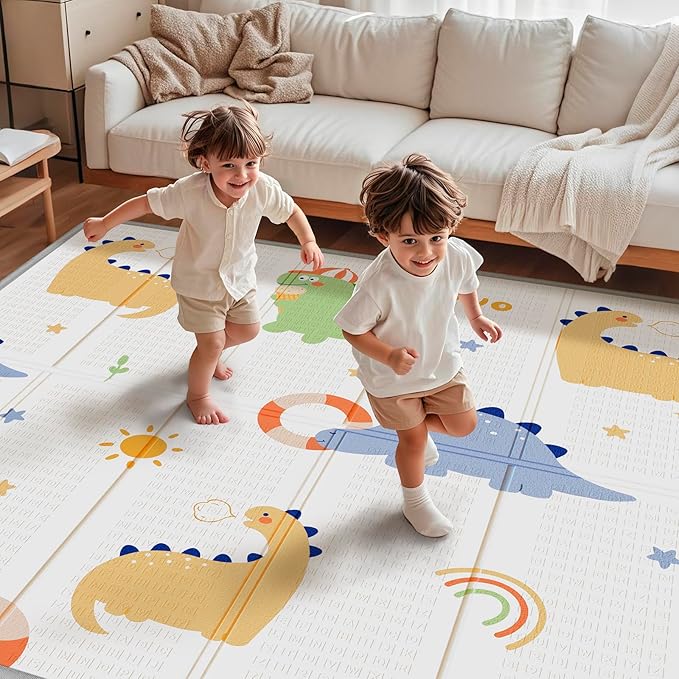 Foldable Baby Play Mat, PIGLOG 50" x 50" Waterproof Playmat for Playyards for Babies, Safe Foam Playmat for Tummy Time, Reversible Playmats, Portable Floor Mat for Infant, Toddler，Dinosaurs + Rainbow