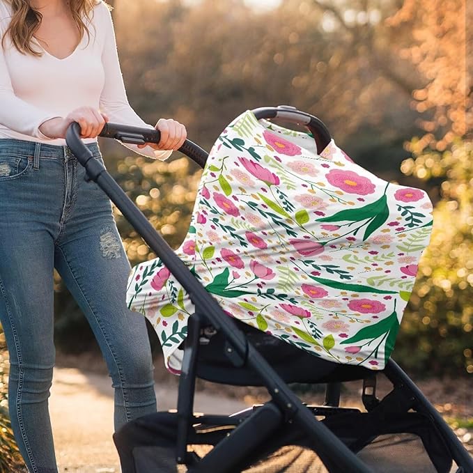 Biyejit Pink Floral Car Seat Covers for Babies, Multi-Use Cover-Silky Mom Nursing Cover Infant Breastfeeding Scarf Shopping Cart High Chair Ultra-Soft Stretchy for Boys and Girls