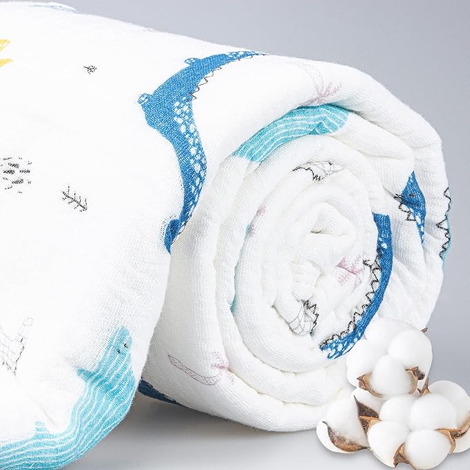Muslin Hooded Towel Made from Organic Cotton 6-Layer Cotton Bath Towel, Soft Bath Towels 25x51inches for Toddler Baby and 0-4 Years Old Kids Dinosaur