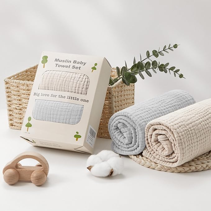 Susurration 2 Pack Thick Muslin Baby Towels, 100% Cotton Soft and Absorbent Baby Bath Hooded Towel for Newborn, Infant, Girls, Boys, Baby Essentials