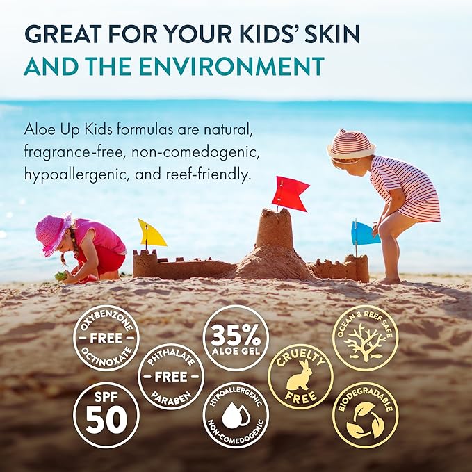 Aloe Up Kids Sport Sunscreen Lotion SPF 50 - Broad Spectrum Sheer Face and Body Sunscreen Protector for Sensitive Skin - With Aloe Vera Gel - Dries Fast - Reef Safe - Fragrance-Free - 6 Oz