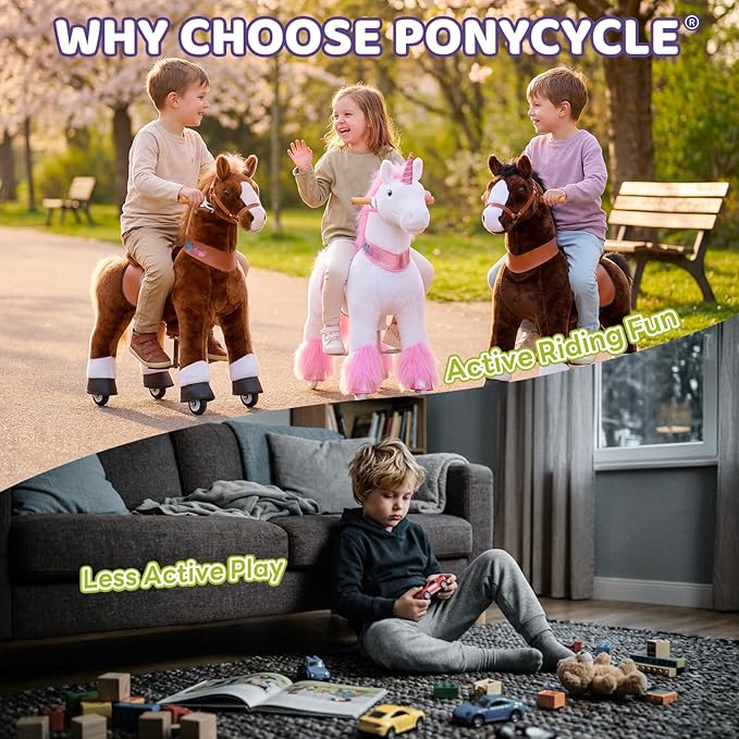 PonyCycle Ride on Horse Pony Kids Ride on Toys Classic Model U (with Brake/ 36" Height/Size 4 for Age 4-7) Riding Horse Walking Horse Toy Plush Brown Ux424