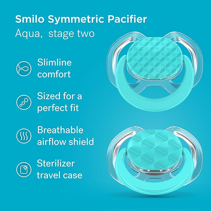 Smilo Baby Pacifier - 2 Pack of Slimline Pacifiers for Babies with Sterilization Box - Stage 2 for Babies 3-9 Months - 100% Silicone Newborn Pacifiers BPA Free - Aqua Blue