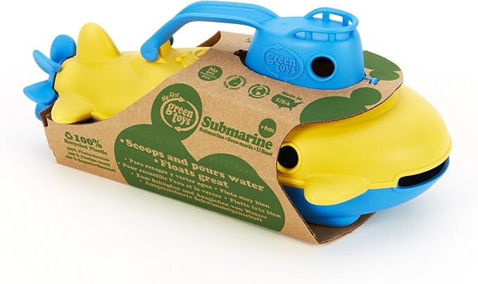 Green Toys Submarine, Blue/Yellow - Pretend Play, Motor Skills, Kids Bath Toy Floating Pouring Boat. No BPA, phthalates, PVC. Dishwasher Safe, Recycled Plastic.