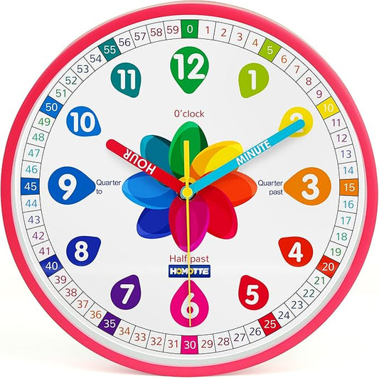 Homotte Learning Clock for Kids, 10 Inch Telling Time Pink Wall Children's Silent Non-Ticking Teach Educational Clock for Bedroom, Classroom Girls Home Decor