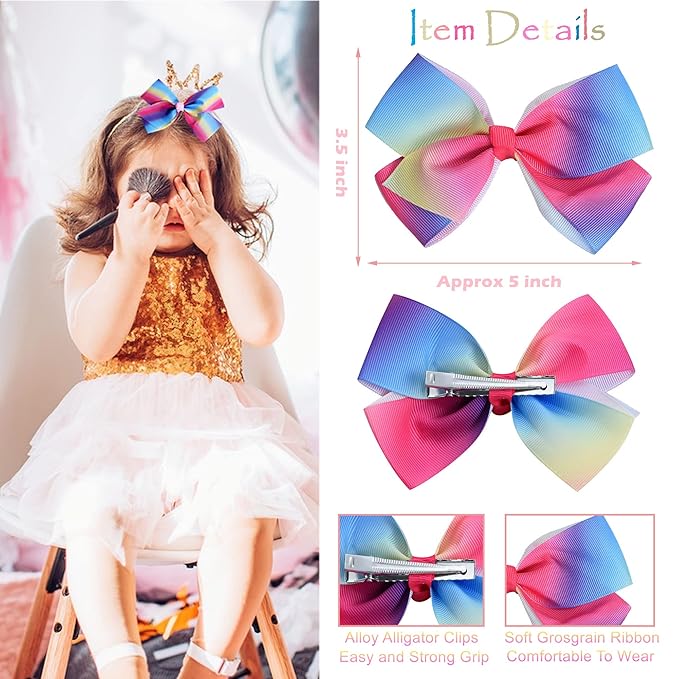 5" Hair Bows for Girls Colorful Little Girl Hair Bows Rainbow Heart Grosgrain Alligator Clip Bow for Toddler Girls Children Kids 12 Pcs
