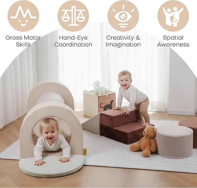 BanaSuper 8-Piece Climbing Toys with Play Tunnel for Toddlers, Crawl Through Tunnel & Kids Foam Blocks Playset with Arch, Ramp, Toddler Indoor Soft Play Gym Activity Play Set for Crawling and Playing