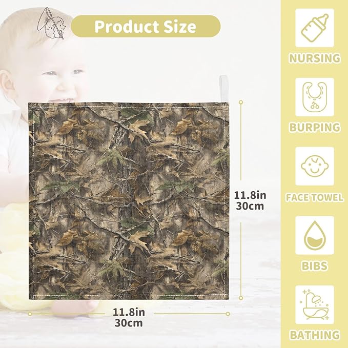 Leaf Forest Baby Washcloths Newborn Muslin Burp Cloths 3 Pack Soft Cotton Baby Face Bath Towel Drool Bibs for Infants, Girls and Boys 11.8 x 11.8 Inch