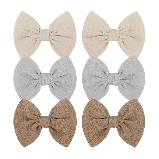 Baby Girls Hair 3'' Bows Clips Set Handmade Bow Hair Clips Hair Accessories Alligator Clip for Babies Infant Toddlers Little Kids 6 PCS Khaki Gray Beige