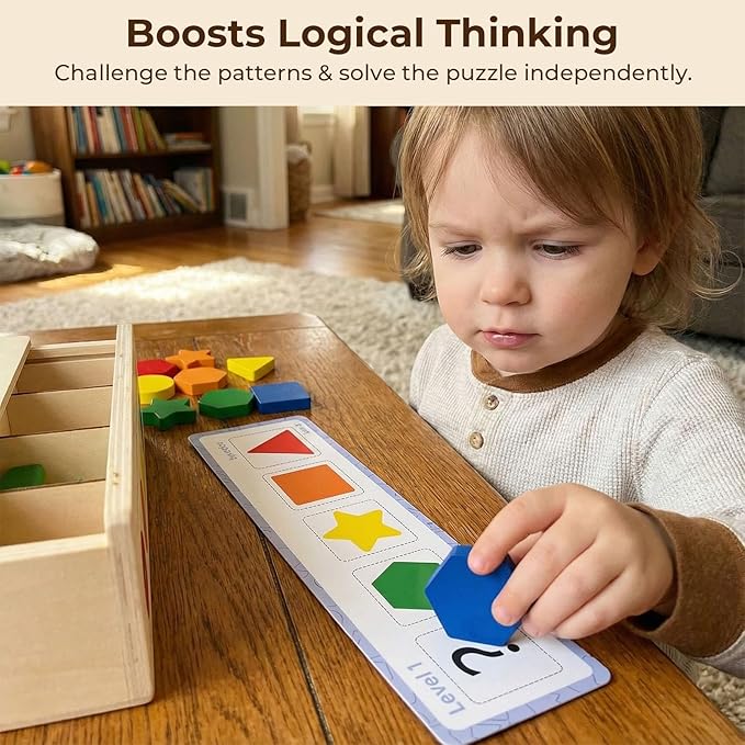 LovesTown 3-in-1 Wooden Shape Color Sorter Box with Logic Cards - Educational Matching Puzzle Game for Fine Motor Skills - Montessori Learning Gift for Toddlers