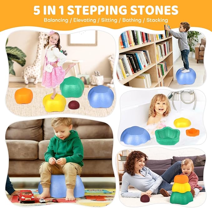 Sound Stepping Stones for Kids - 5 Pcs Non-Slip Indoor or Outdoor Balance Stones, Obstacle Course Coordination Game for Aged 3 4 5 6, Sensory Toys for Toddlers, Birthday Gifts