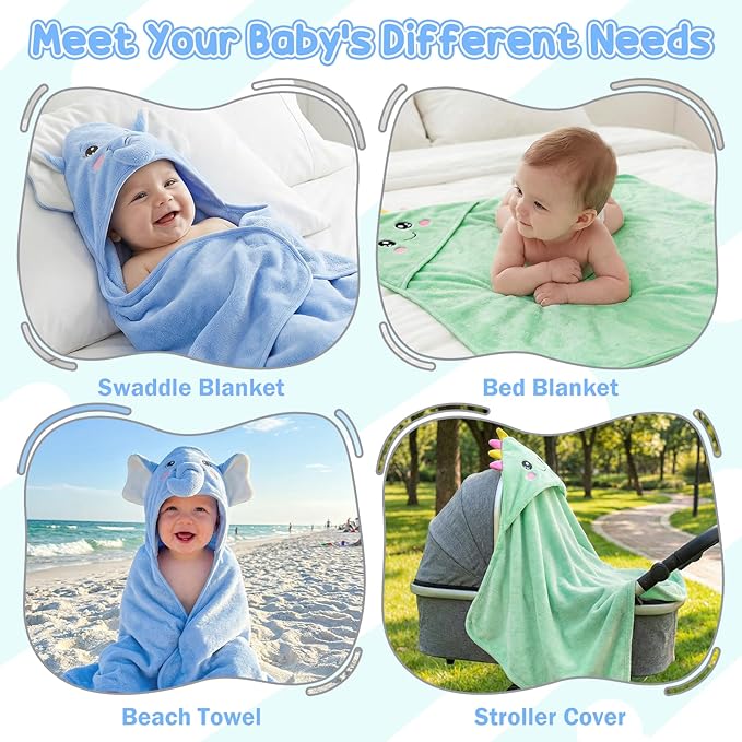 2 Pack Hooded Baby Towels Soft Absorbent Coral Fleece Baby Bath Towels with Animal Hood 32x32 Inch Toddler Bath Towel for 0-3 Years Newborn Baby Shower (Blue Elephant & Green Dinosaur)