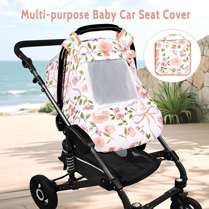 Windproof Baby Car Seat Cover, 3D Mink Dot Infant Car Seat Canopy with Breathable Mesh Window, Baby Carrier Cover for All Seasons, Easy Access Carseat Carrie Snug Fit Stroller, Pink Bow