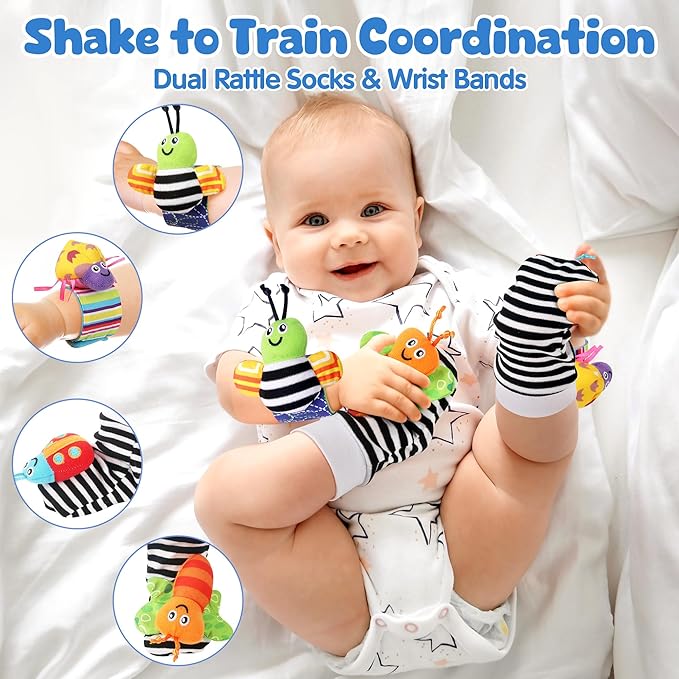 Vanmor Baby Rattles 0-6 Months | Sensory Toys for Infants 6-12 Month, Wrist Rattle Socks, Foot Finder & Teething Toys | Teether Grasping Shaker for Newborn, Must Haves Montessori Baby Shower Gifts