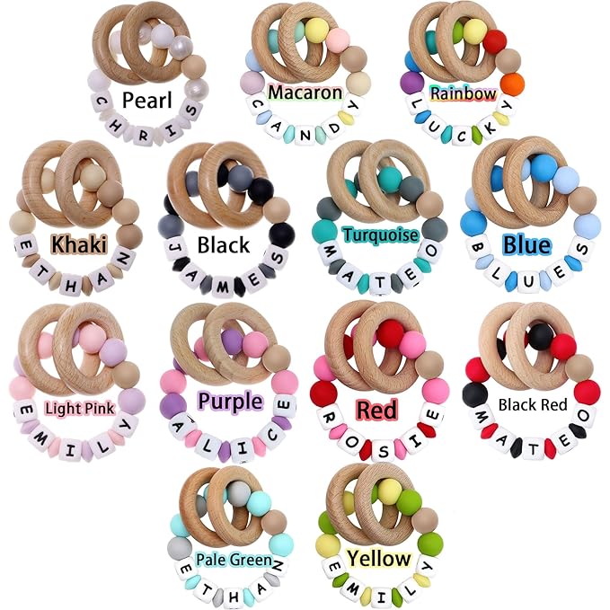 Personalized Teether with Name for Baby, Customizable Teethers with Wooden Teething Rings (Blue)