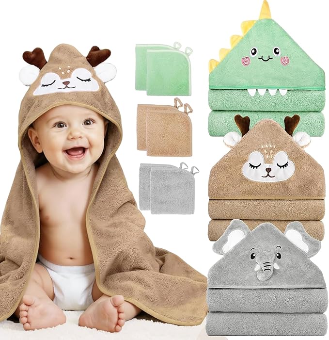 CandyHome 9 PCS Baby Bath Towels for Infants Toddlers, 3 PCS Animal Hooded Baby Towels & 6 PCS Washcloths Set, Ultra Absorbent Soft Cute Newborn Bath Essentials Gifts for Boys & Girls
