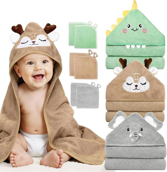 CandyHome 9 PCS Baby Bath Towels for Infants Toddlers, 3 PCS Animal Hooded Baby Towels & 6 PCS Washcloths Set, Ultra Absorbent Soft Cute Newborn Bath Essentials Gifts for Boys & Girls