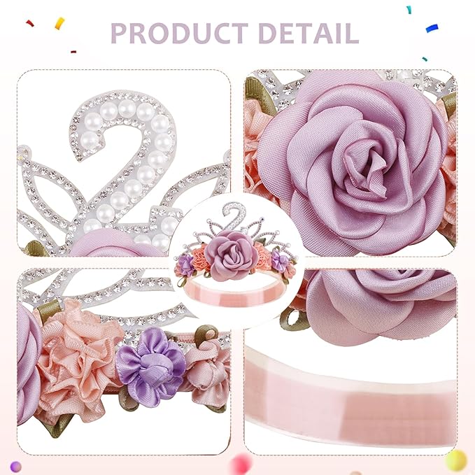 cherrboll Flower Headband Birthday Crown for Girl, Floral Nylon Hairband for 1-3 Years Old Toddler, 2nd Birthday Party Dress Photo Decoration Hair Accessory
