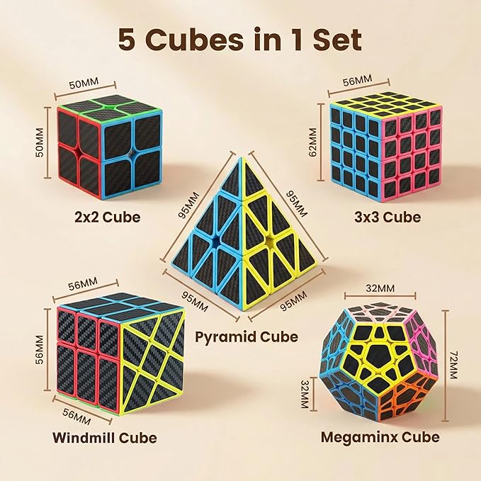 Speed Cube Set, Speed Cube Bundle of 2x2 4x4 Megaminx Pyramid Cube and Windmill Cube Smoothly Carbon Fiber Sticker Magic Cubes Collection for Kids & Adults [5 Pack]