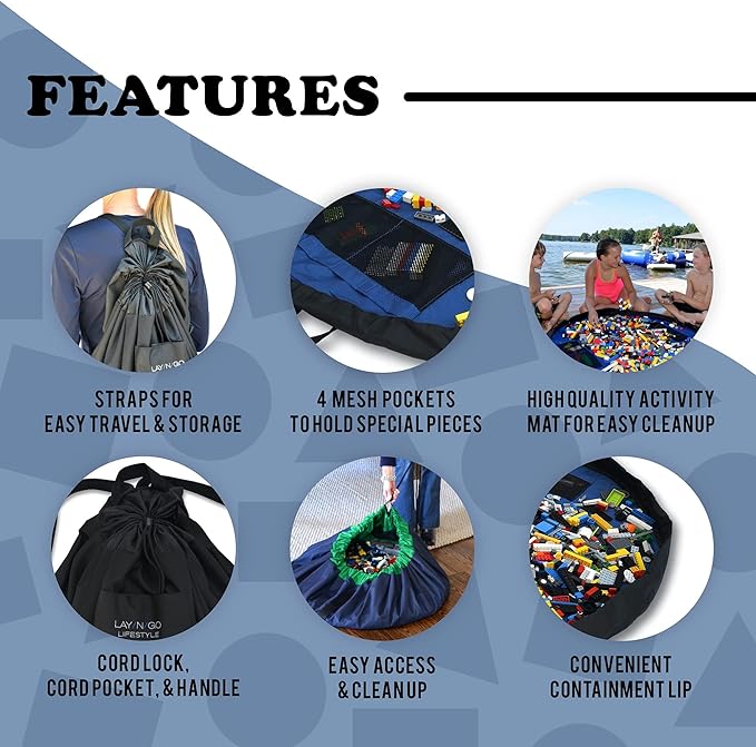 Lay-n-Go Layflat Portable Drawstring Cinch Storage Toy & Mini Figures Organizer & Play Mat, Mesh Pockets, Home & Travel, Kids & Toddlers Playdates, 2 Straps for Backpack, Durable, Machine Washable