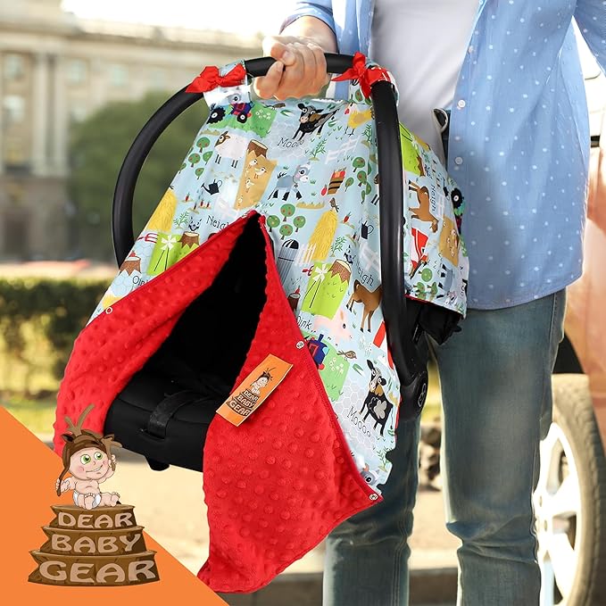 Dear Baby Gear Carseat Canopy with Snap Opening for Girls & Boys - Infant Car Chair Canopies - Nursing Covers -37"x29" (Farm Life Animals and Tractor, Red)
