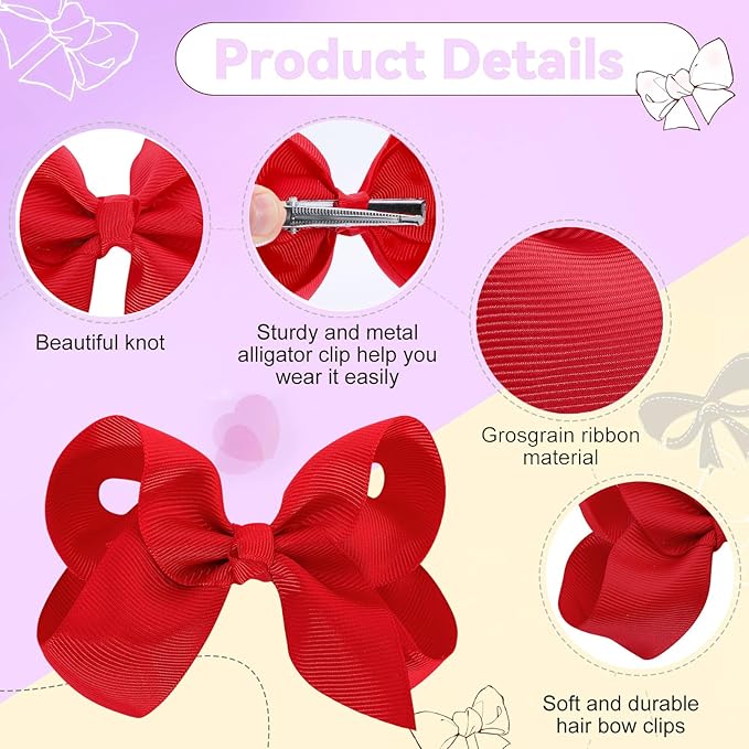 4 Inch Hair Bows,20 Pieces Hair Bows for Girls,Grosgrain Ribbon Hair Bow with Alligator Clips,Red Bows Hair Accessories for Toddlers Baby Girls Kids Teens