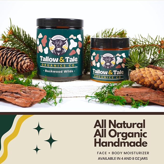 Tallow And Tale Grass-Fed & Finished Organic Tallow Cream | Face & Body Moisturizer | For Sensitive, Dry & Irritated Skin (4 OZ, Backwood Wilds - Pine, Fir Needle, Frankincense & Rosemary)