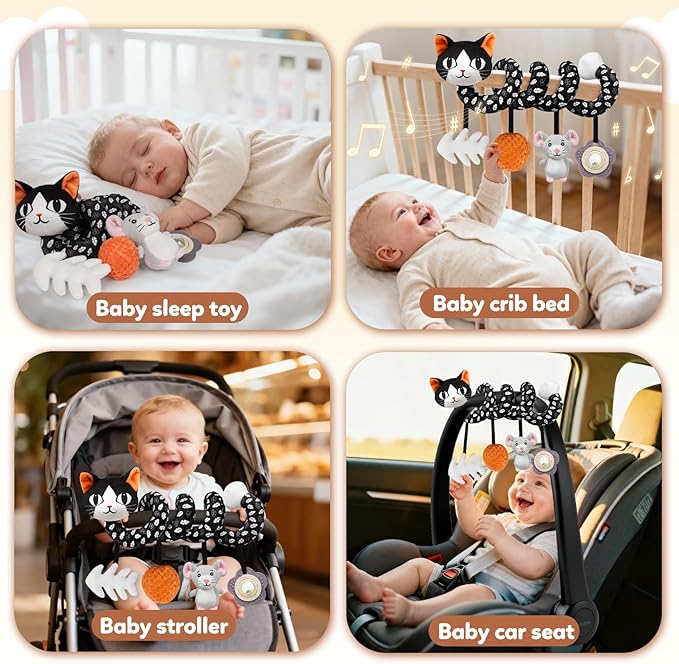GKDOMS Baby Carseat Toy Black & White Rattle Spiral Hanging Activity Stroller Toy for Newborns Boys and Girls - Cat