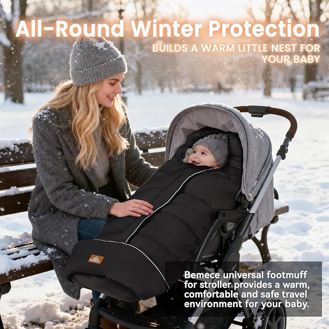 Bemece Warm Bunting Bag, Universal Winter Stroller Cover with Zip, Windproof Stroller footmuff for Baby Buggies Pushchair, Machine Washable