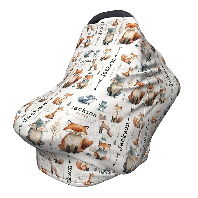 Personalized Woodland Baby Car Seat Cover with Name,Multi-Use Canopy for Nursing, Strollers,Shopping Carts,Customized Breastfeeding Cover, Full Privacy,Infant Stroller Cover