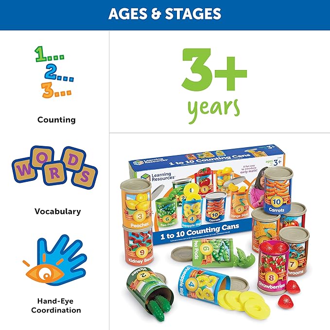 Learning Resources One To Ten Counting Cans - 65 Pieces, Ages 3+, Toddler Activities, Preschool Pretend Play, Supermarket Food Toys