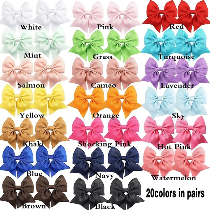 CÉLLOT 40pcs 2.75 inch Hair Bows for Girls Grosgrain Ribbon Toddler Hair Bows Alligator Clips for Baby Girls Kids Teens Back to School Hair Accessories in Pairs