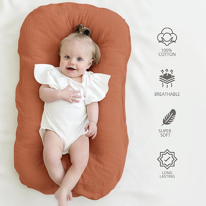 MairMore Muslin Baby Cover for Newborn, Soft and Breathable 100% Cotton Lounger Slipcover Neutral, Pack of 2(Caramel)