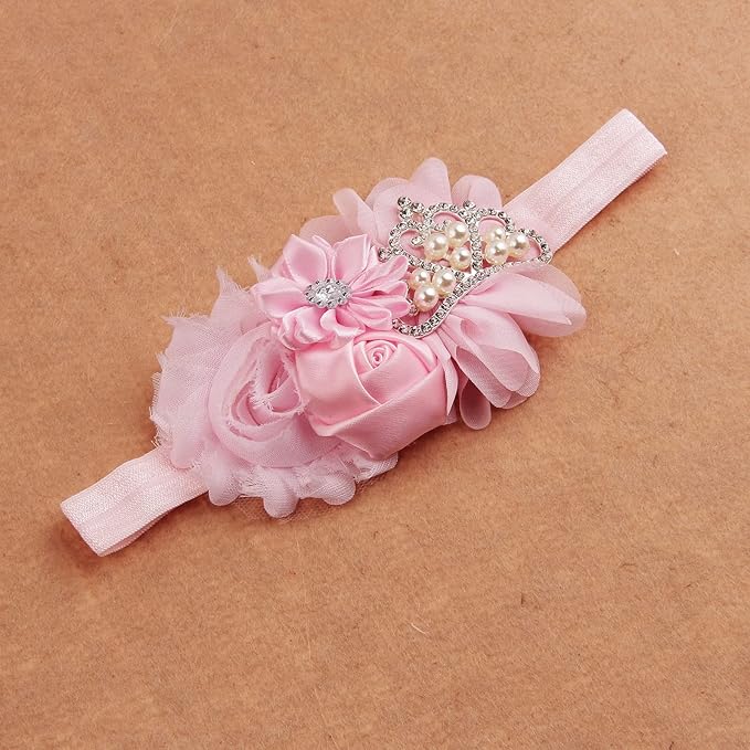 Nishine Baby Christening Headband Toddler Girls Fabric Flower Headband Tiara Stretchy Elastic in Pairs (Child, Pink/Khaki)