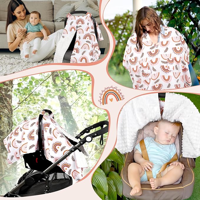 Baby Car Seat Cover, Breathable Infant Carseat Cover for Summer Peekaboo Opening Car Seat Canopy Cover, Nursing Cover for Baby Boys Girls (Rainbow)