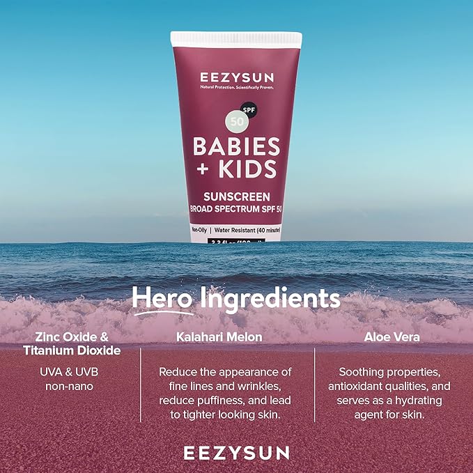 EEZYSUN SPF 50 Mineral Sunscreen for Kids & Babies - Non-Greasy, Water Resistant, Gentle for Sensitive Skin Baby Sunscreen with Aloe Vera - Cruelty-Free - Sun Protection for Face & Body - 3.3 fl oz