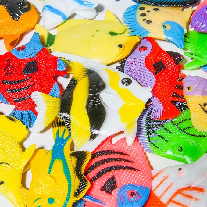PROLOSO 48 Pcs Toy Fish Tropical Fish Figure Play Set Plastic Sea Animals Themed Party Favors for Kids Toddlers Bath Toys (Style 2)