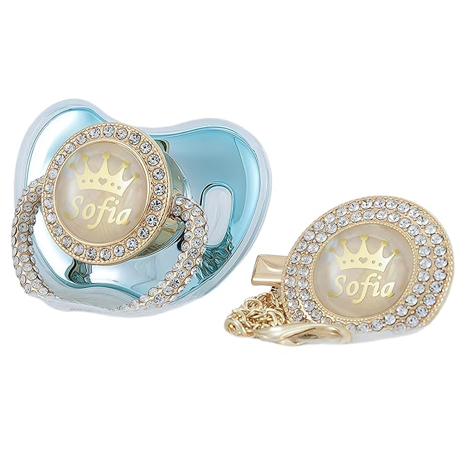 Personalized Name Anniversary All Bling Pacifier and Clip Set Gold Plated New Born Gift Photography No for Daily Use (Gold Blue)
