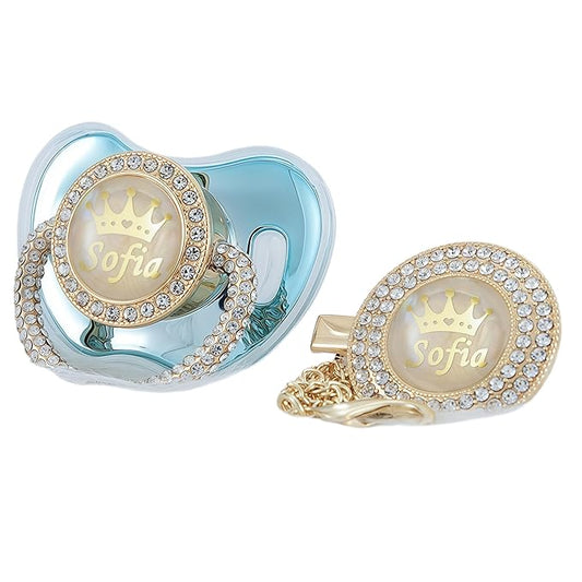 Personalized Name Anniversary All Bling Pacifier and Clip Set Gold Plated New Born Gift Photography No for Daily Use (Gold Blue)