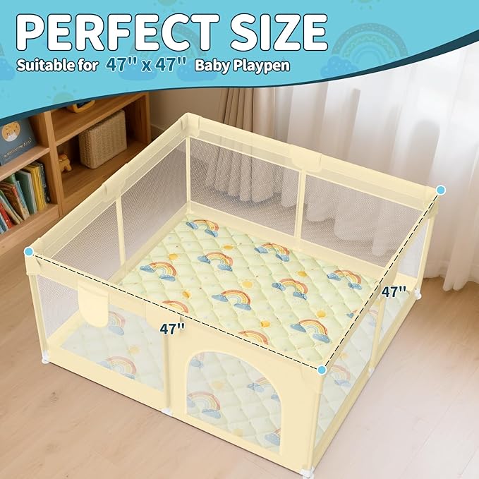 47"x47" Baby Playpen Mat - Thicken Foam Cushioned Playmat for Babies Toddlers Infants - Foldable Baby Play Mat for Floor Non-Slip & Machine Washable, Rainbow