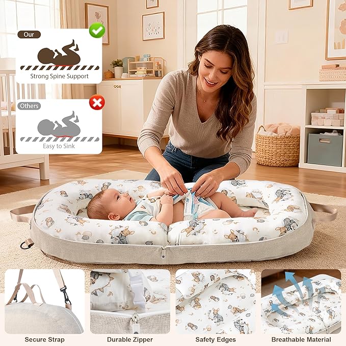Baby Lounger-Infant Lounger for Newborn 0-24 Months, Portable Baby Nest for Home and Travel, 3 in 1 Newborn Lounger with Pure Cotton Cover, Breathable & Soft Infant Nest for Boys & Girls