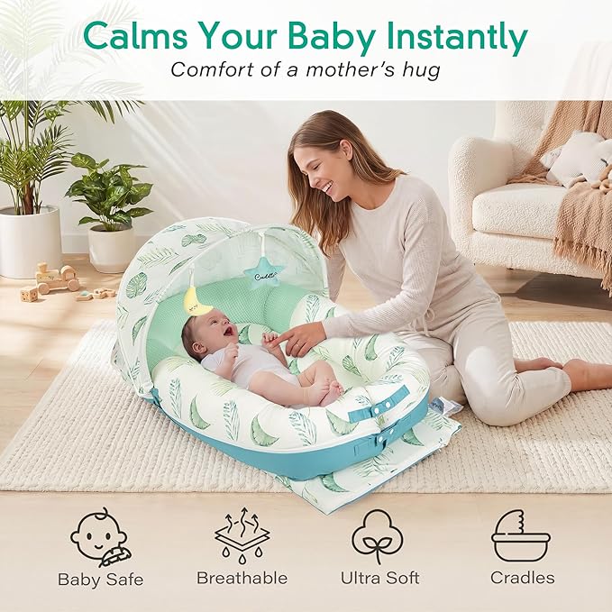 JollyBoo® Deluxe Infant Lounger Pillow - Baby Lounger 0-24 Months | Bamboo-Cotton Portable Baby Nest with Foldable Sunshade & 2 Plush Toys | Soft, Breathable Mesh for Cool, Safe Rest (Green Leaves)