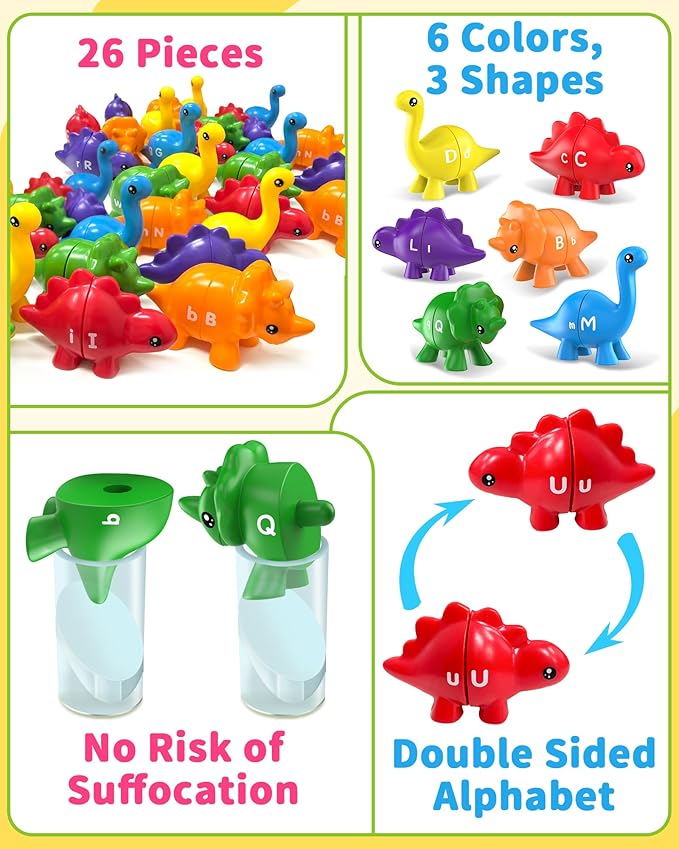 Walenty 26PCS Dinosaur Alphabet Learning Toys for Toddlers Kids 3-5, Montessori Educational Toys Gifts for 3 4 5 Year Old Boy Girl, Preschool Learning Activities, Double Sided ABC Matching Game