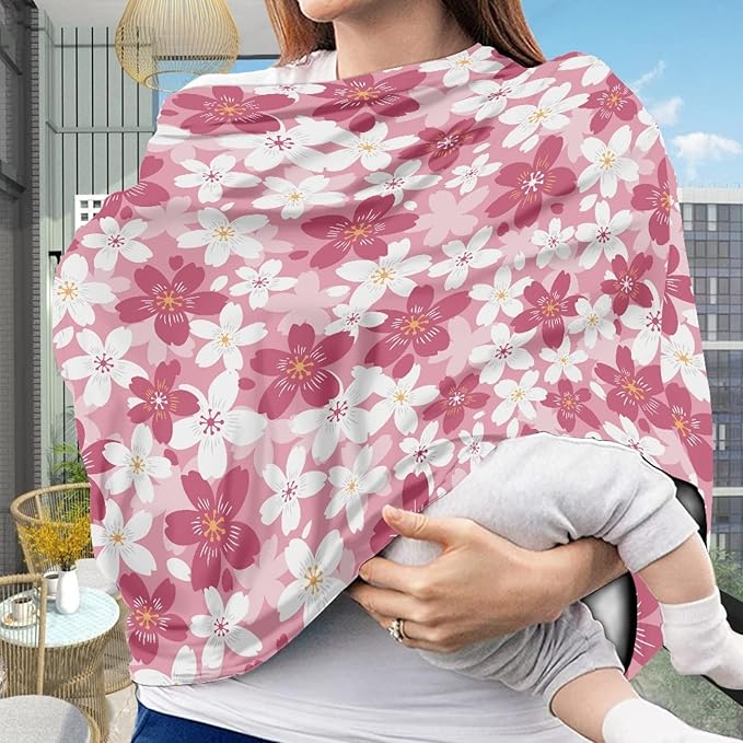 Coldinair Cherry Blossom Print Car Seat Cover for Baby Girls,Soft Stretchy Carseat Canopy,Nursing Cover,Grocery Cart Cover,High Chair Cover