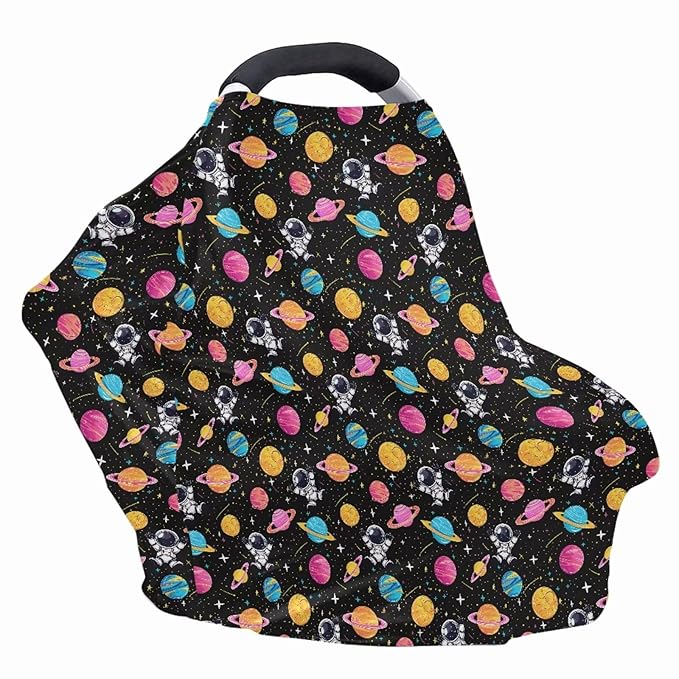 GIFTPUZZ Astronaut Planet Stretchy Nursing Cover for Breastfeeding, Baby Car Seat Cover, Infant Carseat Canopy Covers Scarf, Multiuse Stroller/High Chair Cover, All Weather Protection Baby Shower