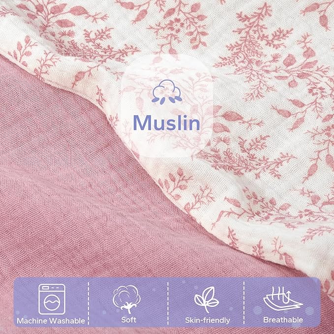 FUNUPUP Muslin Baby Lounger Cover Compatible with Snuggle Me Lounger, Infant Pillow Cover for Newborn, Removable Nest Slipcover for Boys and Girls, Only Cover, Pink & Pink Leaves