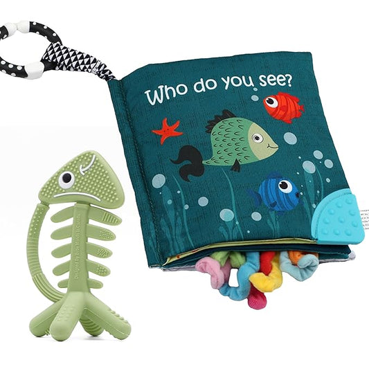Fish Baby Crinkle Books with 3D Fish Teething Toy for Newborn Babies Infants