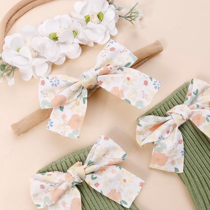 cherrboll Baby Girl Headbands and Socks Set, 3Pcs Soft Floral Hairbands Hair Bows Knit Socks for Newborn Infants Toddlers Photography Props Gifts